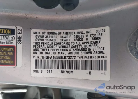 2008 Honda Civic Lx из США, поврежденный, VIN 1HGFA16568L073272